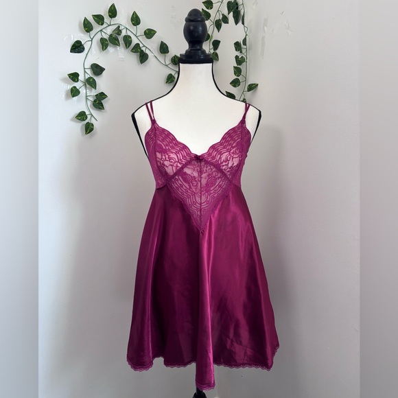 La Vie En Rose Other - La Vie En Rose Satin Chemise Slip Dress with Lace - Deep Pink Red Size S